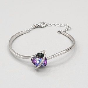 Womens Purple Love Heart Bracelet Crystal Accents Silver Tone Adjustable